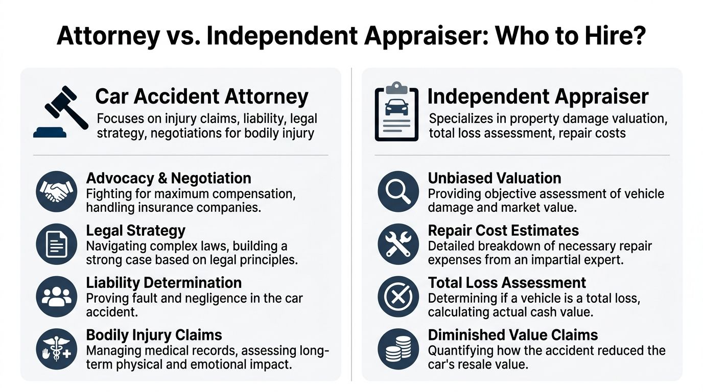 A comparison chart outlining the professional roles of a car accident attorney and an independent appraiser.