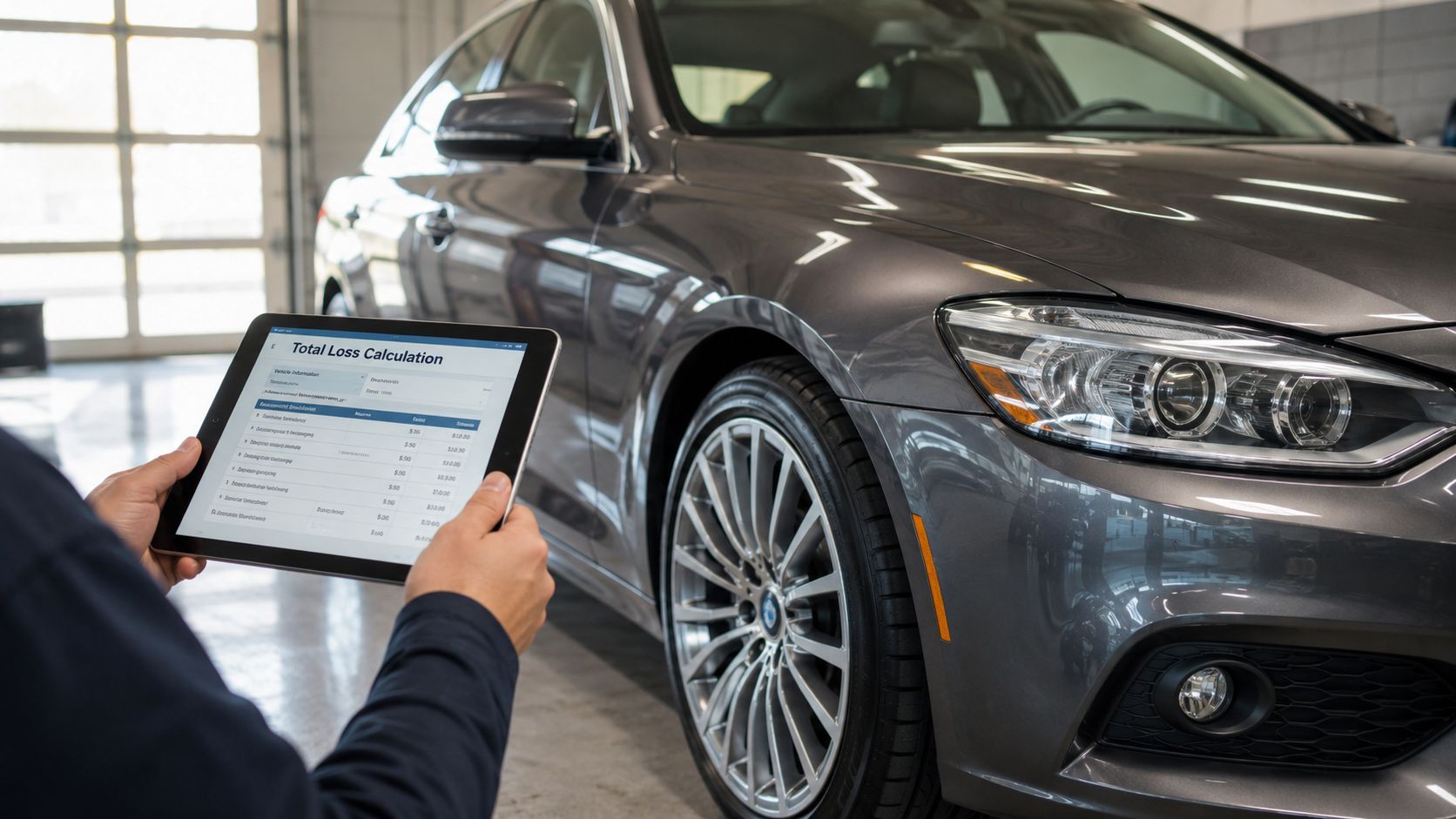An insurance adjuster holding a tablet showing a car total loss calculation near a damaged gray vehicle.