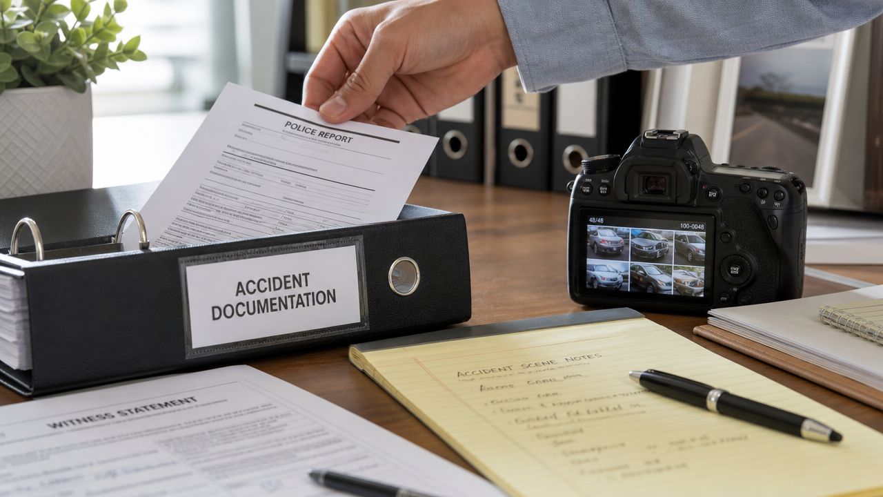 A person organizing accident documentation with a police report, witness statement, notes, and camera with car photos.