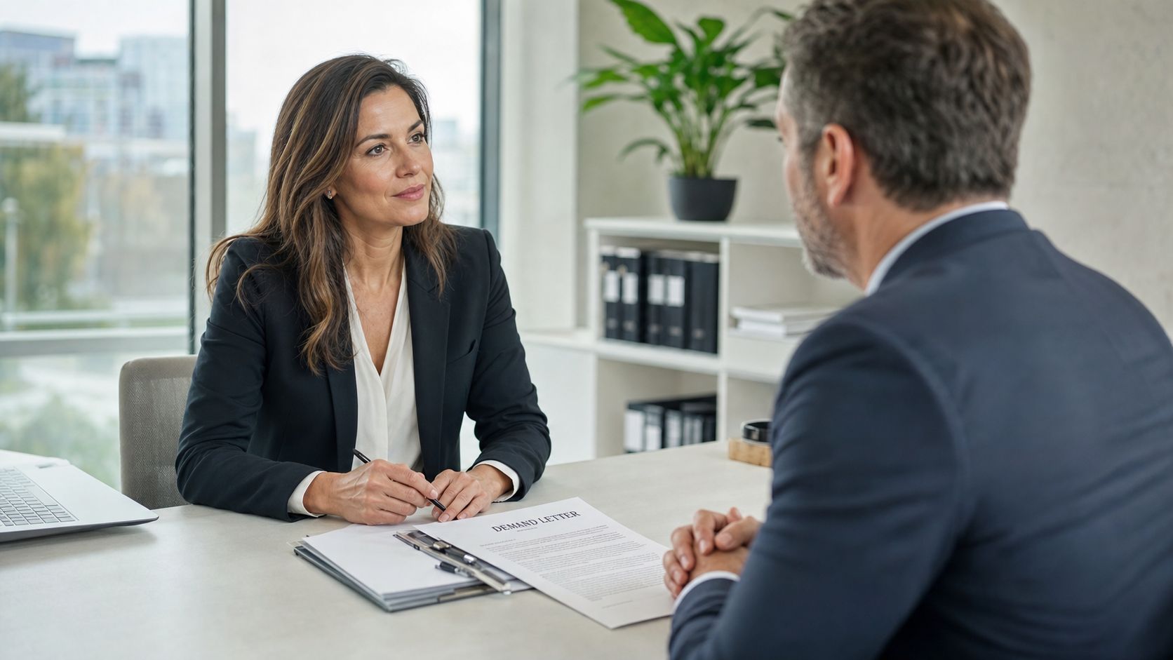 A professional lawyer discussing a demand letter document with a male client in a bright office.