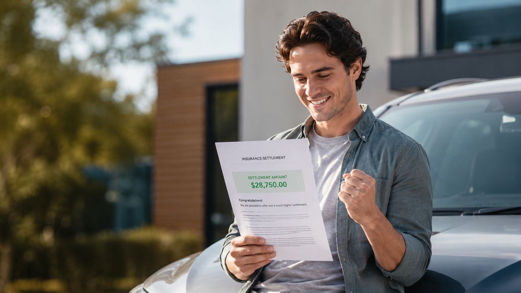 A happy man smiling while holding an insurance settlement document in front of his car.
