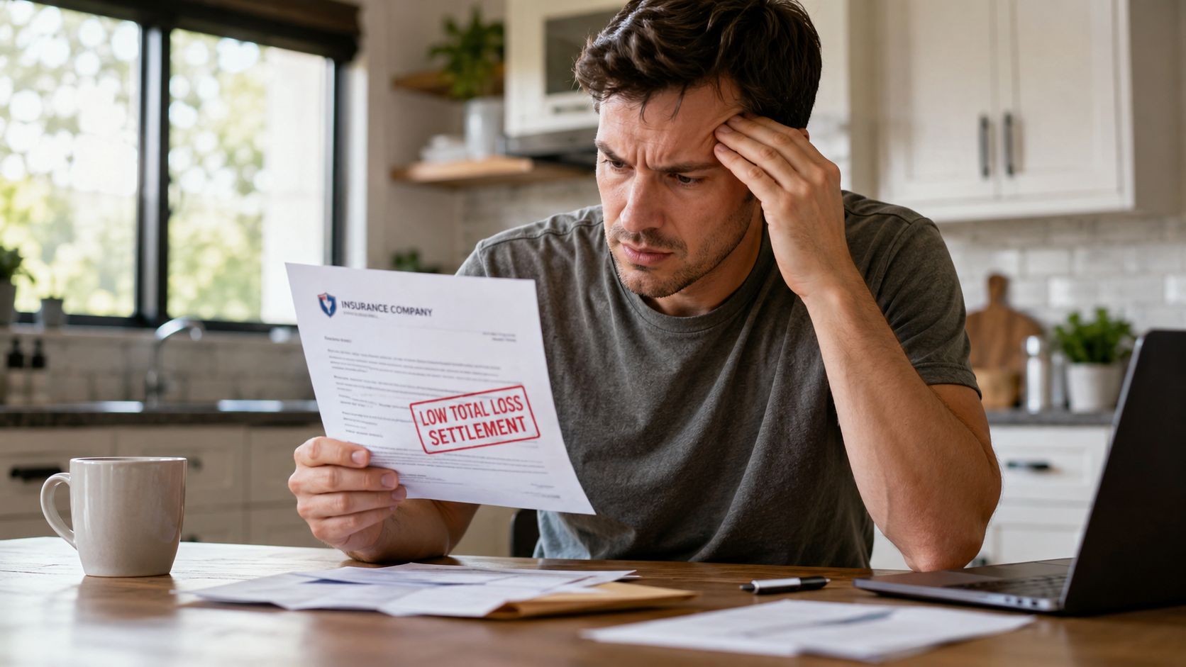 A concerned man sitting at a kitchen table while reviewing a frustratingly low insurance total loss settlement document.