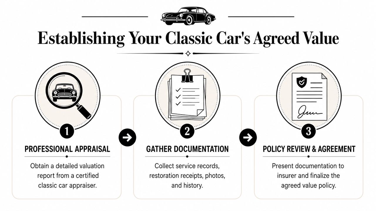 A three-step infographic showing how to establish an agreed value for a classic car insurance policy.