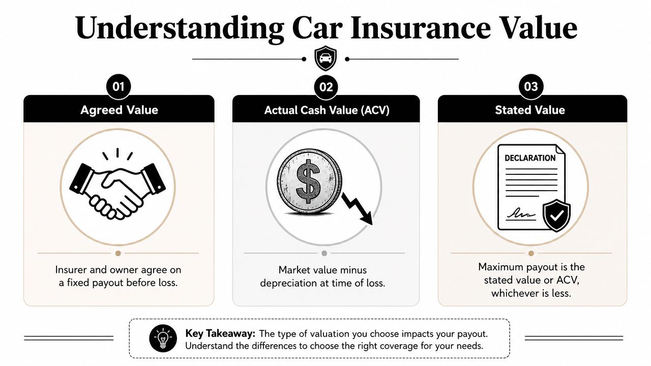 An infographic titled Understanding Car Insurance Value explaining Agreed Value, Actual Cash Value, and Stated Value concepts.