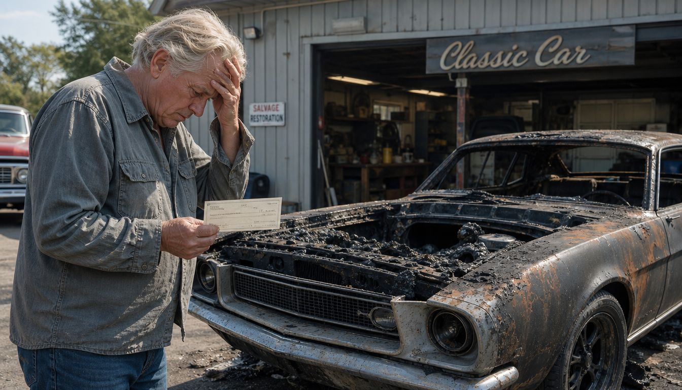 A distressed man looks at an insurance check while standing next to his severely damaged, fire-destroyed classic car.