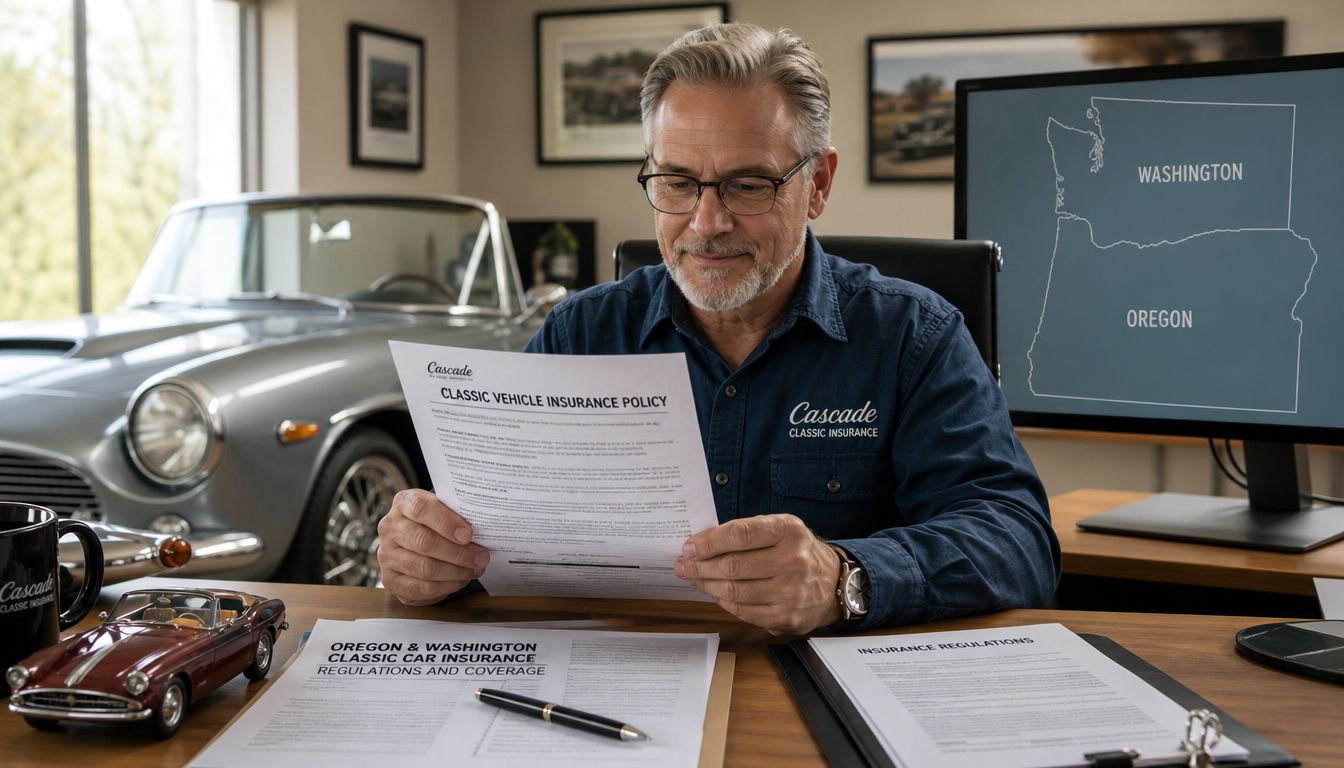 A professional man reviewing a classic vehicle insurance policy at a desk with car memorabilia.