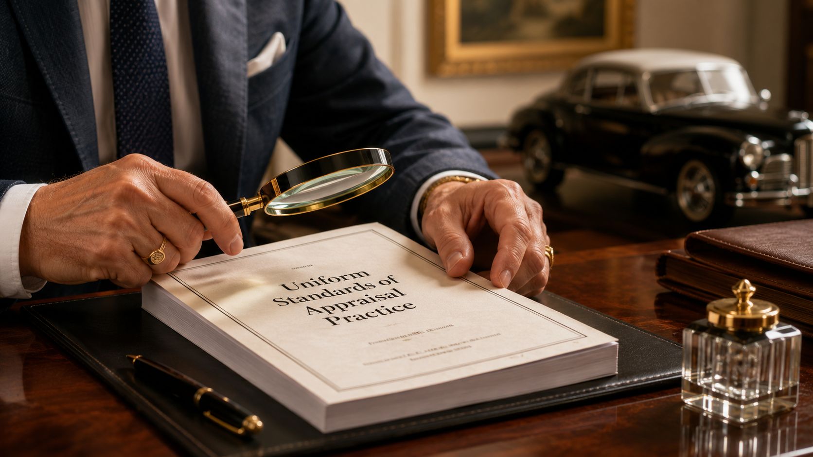 A professional appraiser examines a manual titled Uniform Standards of Appraisal Practice with a magnifying glass.