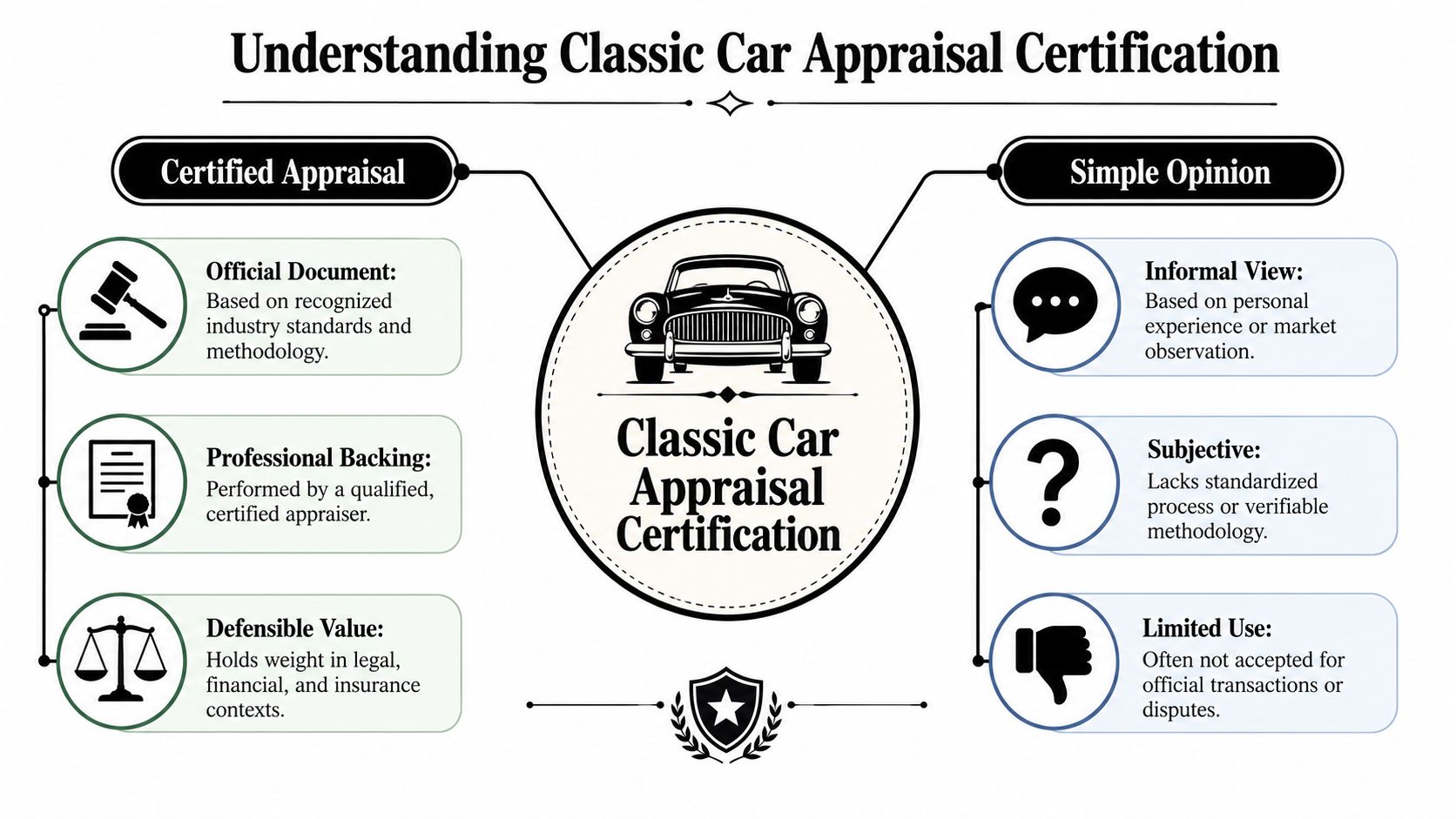 An infographic comparing a formal certified classic car appraisal against an informal simple opinion valuation.