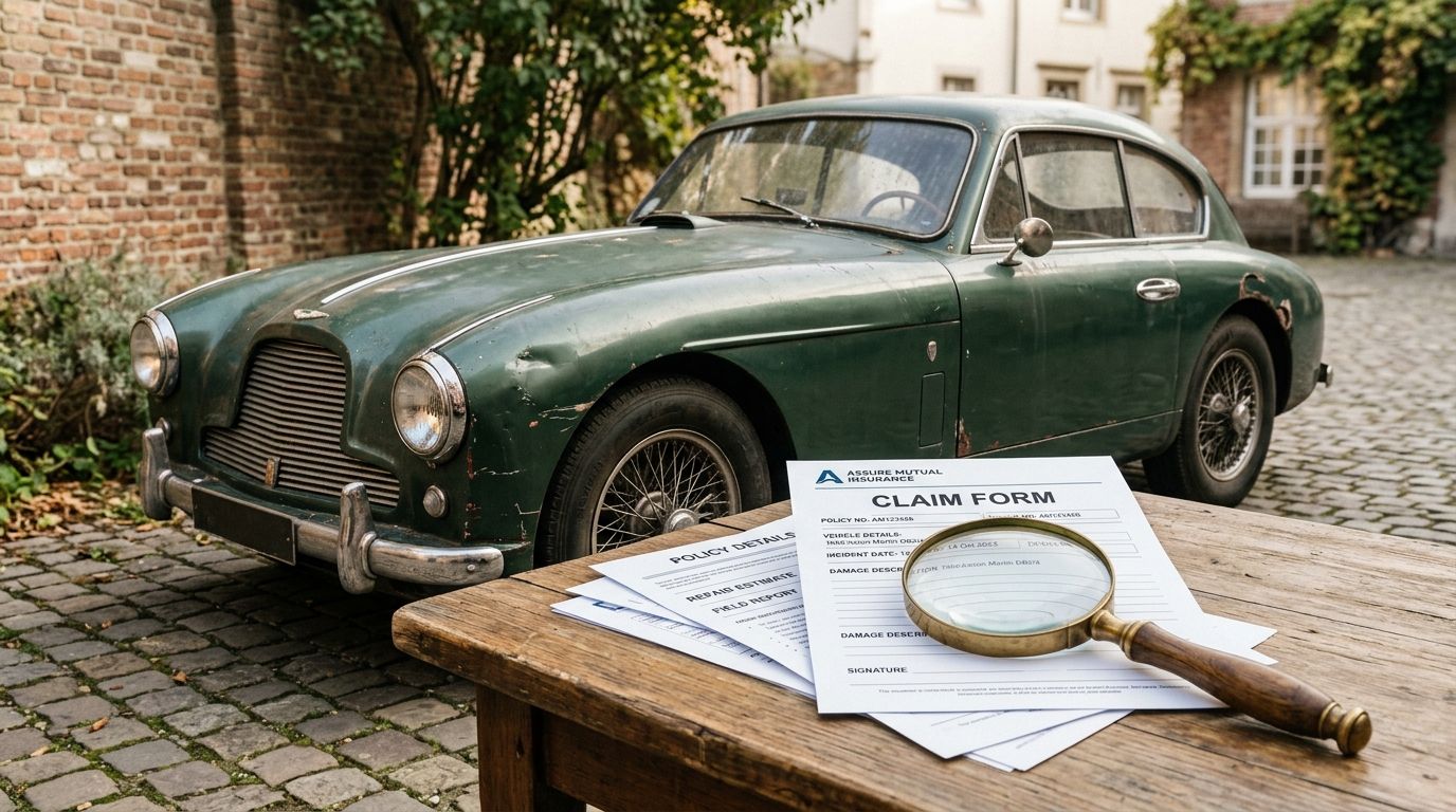 An insurance claim form and a magnifying glass placed on a wooden table before a vintage green car.