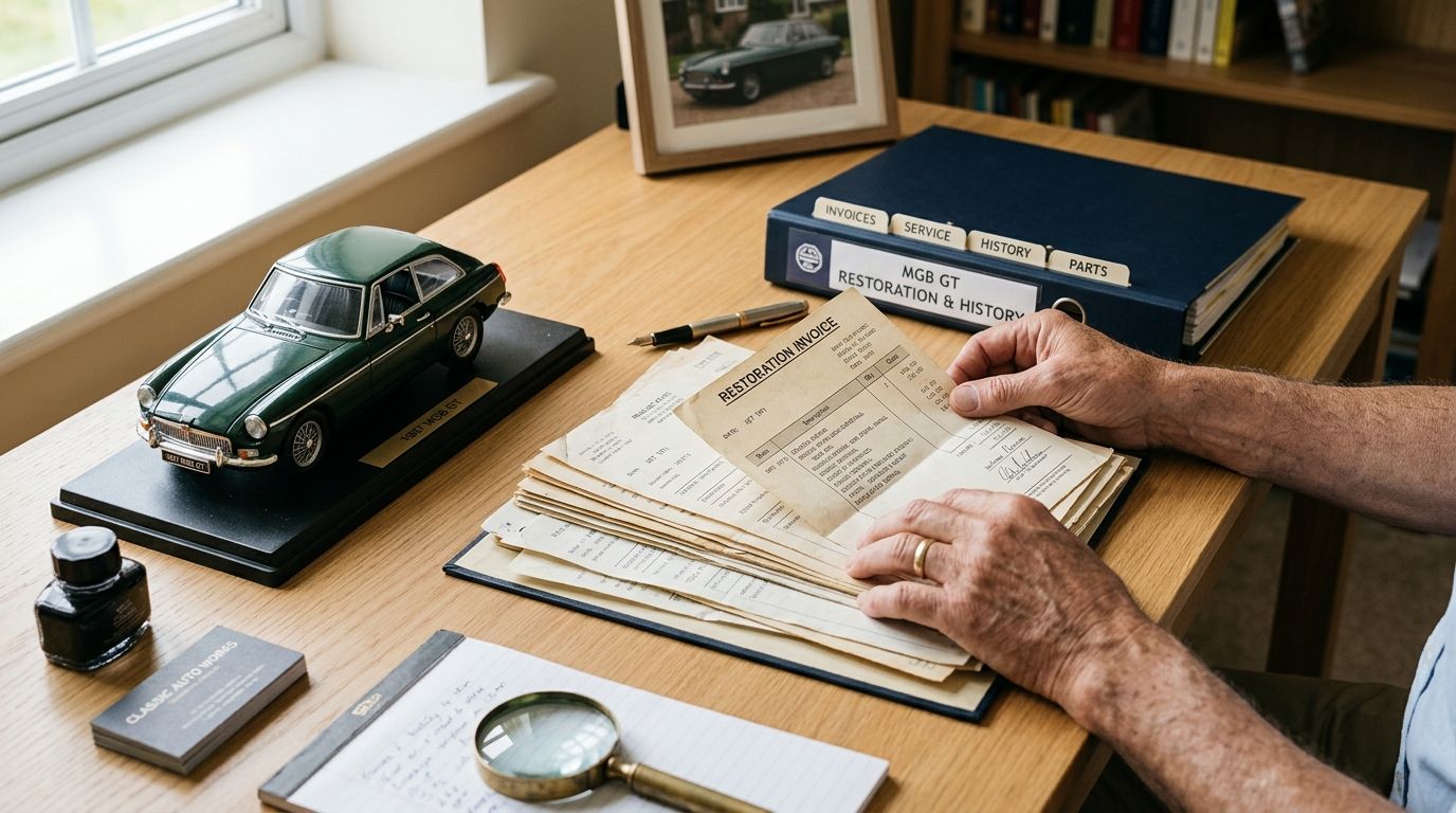 A person reviewing restoration invoices for a classic green MGB GT sports car at a desk.