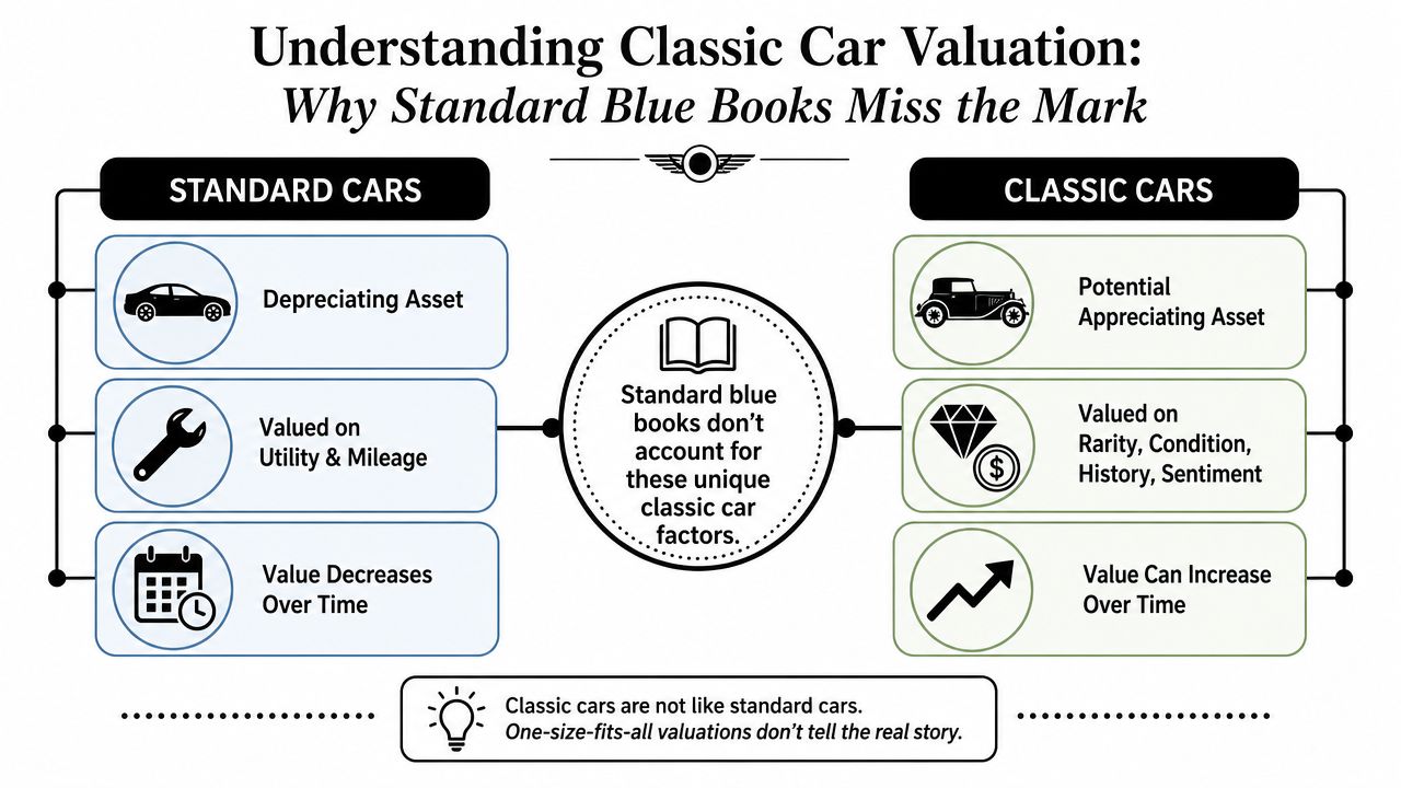 An infographic explaining why classic car values differ from standard vehicle valuations in blue books.