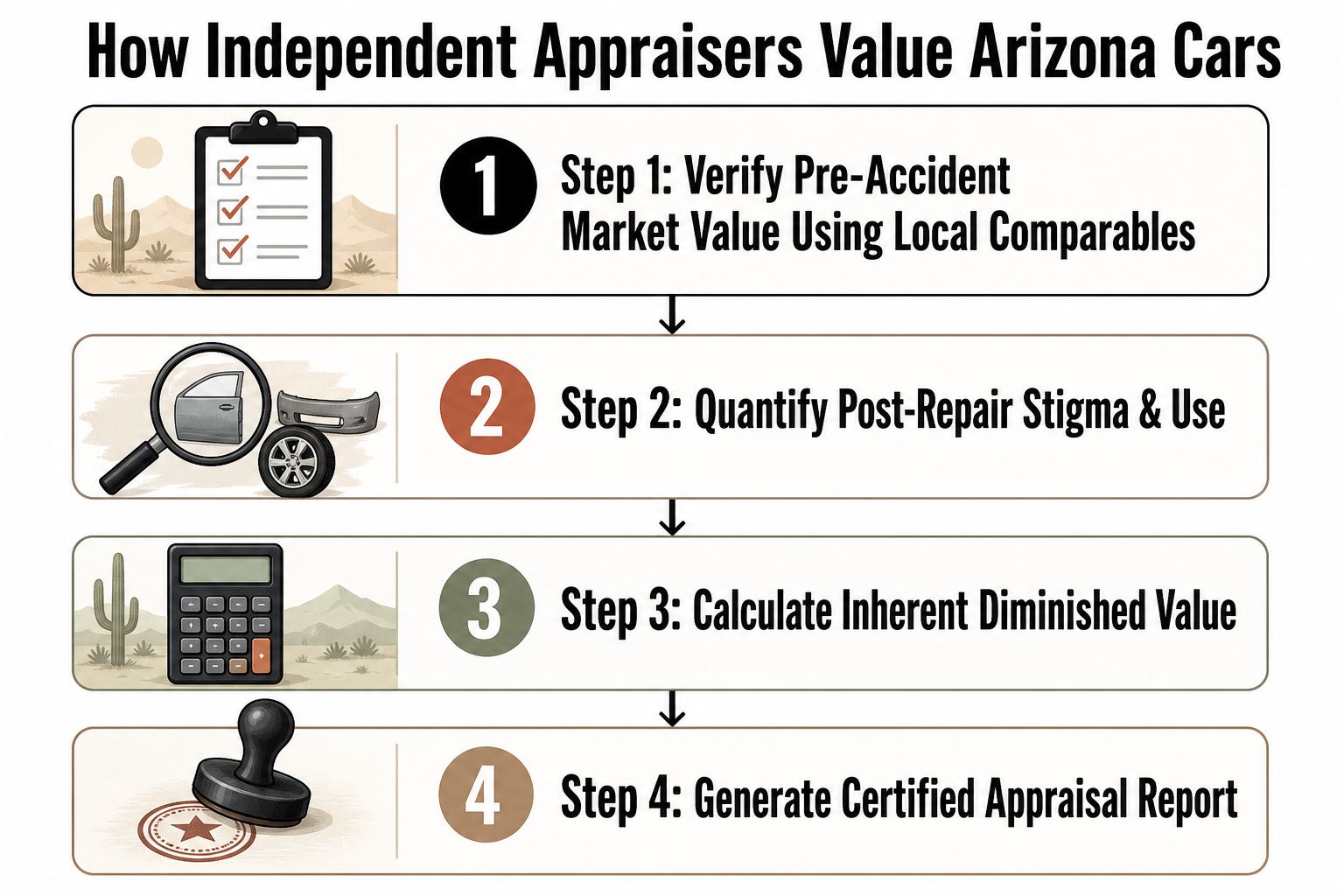 A four-step infographic illustrating the independent car appraisal process for diminished value claims in Arizona.