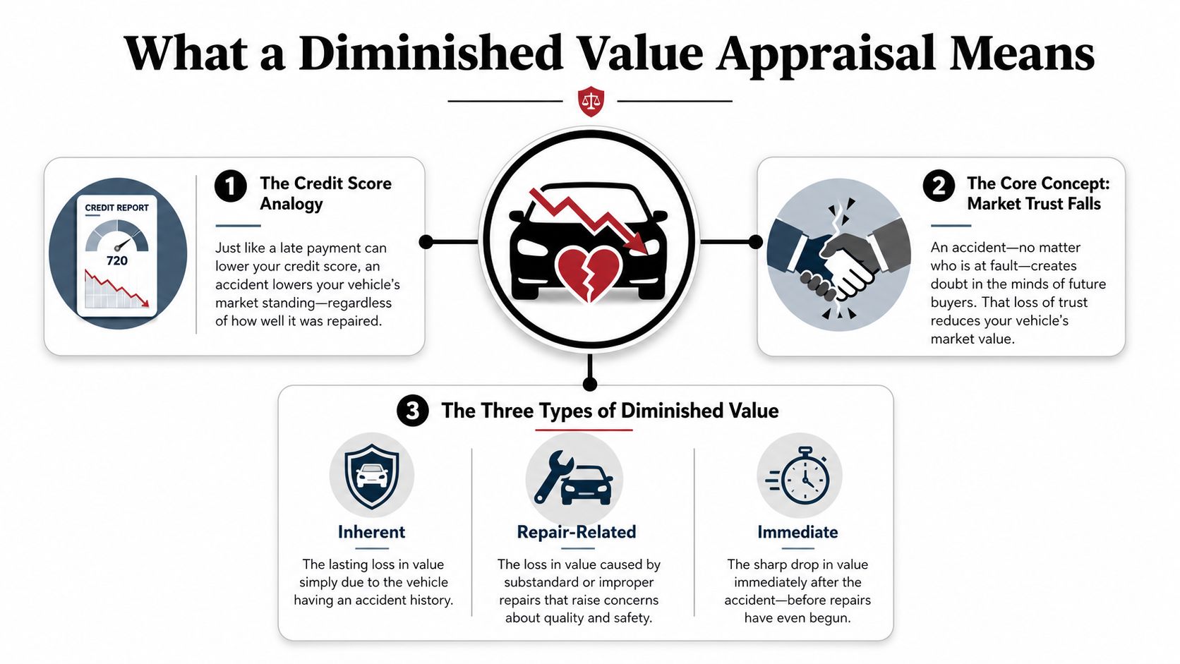 An infographic explaining the concept of diminished vehicle value, its causes, and its three primary types.