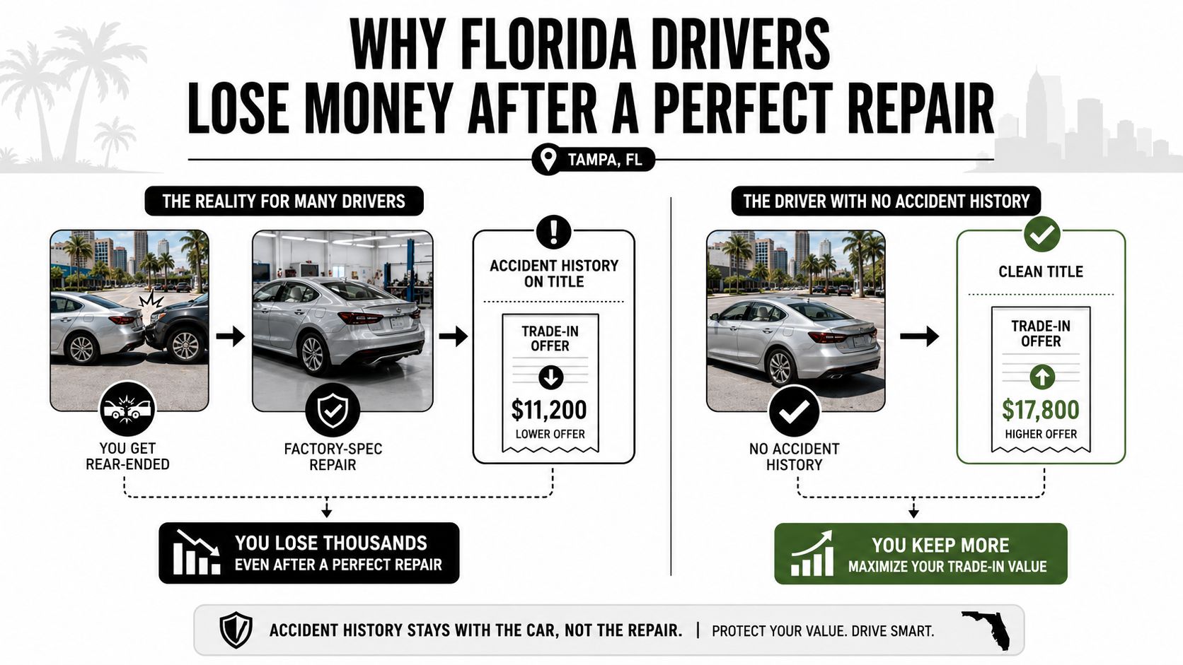 An infographic showing how accident history on a vehicle title reduces its trade-in value in Florida.