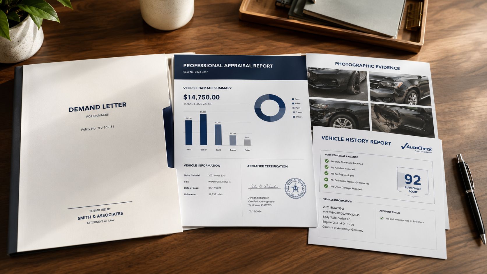 A professional appraisal report and demand letter for a 2021 BMW 330i with damage documentation on a desk.