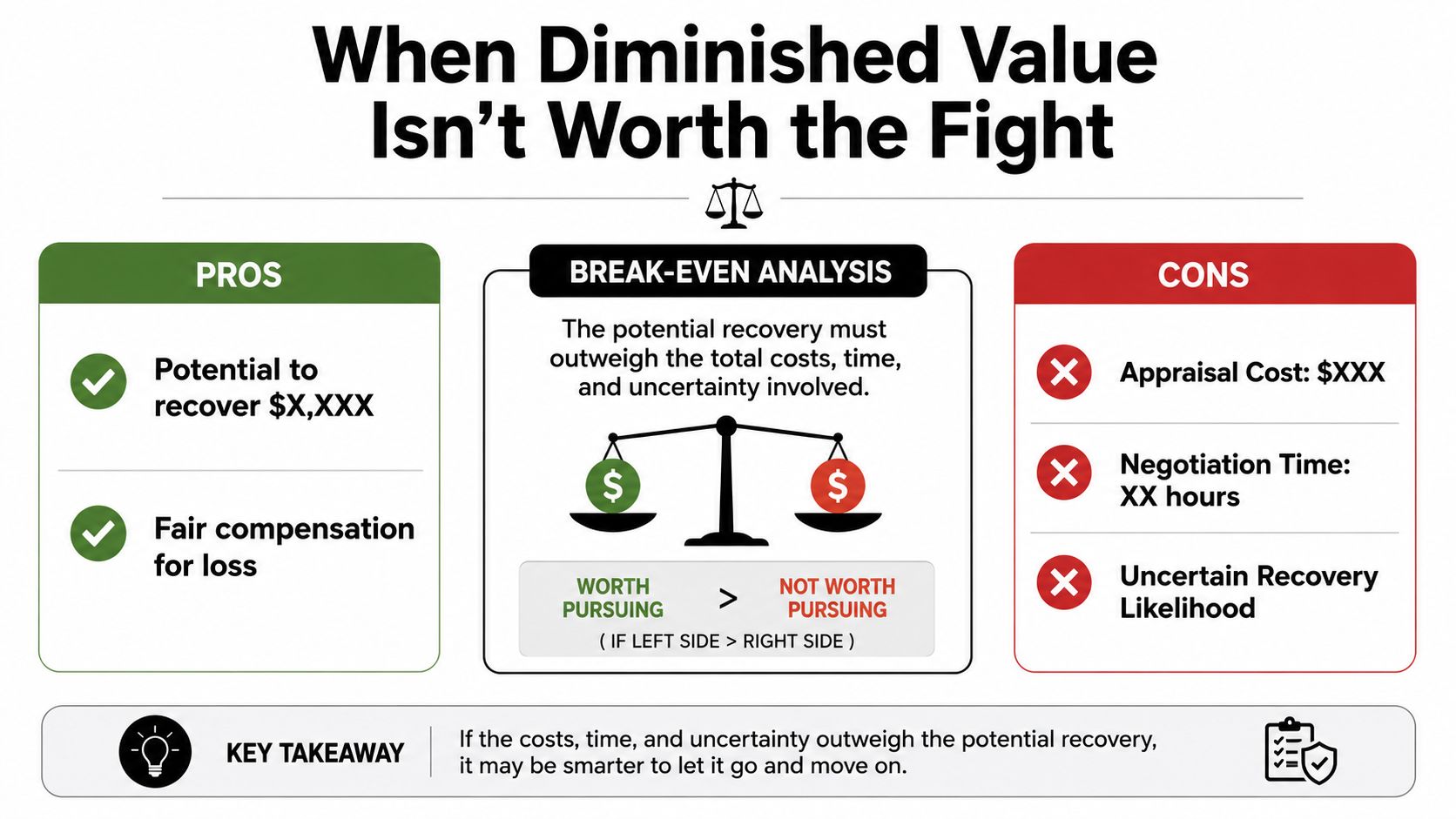 A visual guide explaining the break-even analysis for deciding whether to pursue a diminished value insurance claim.