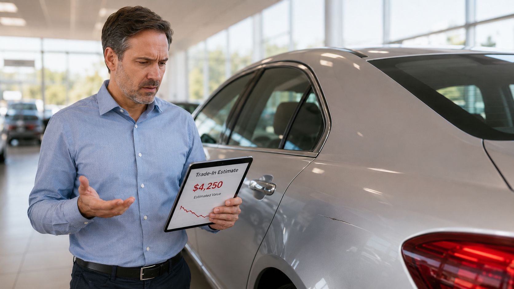 A concerned car owner looks at a low trade-in estimate on a digital tablet in a dealership.