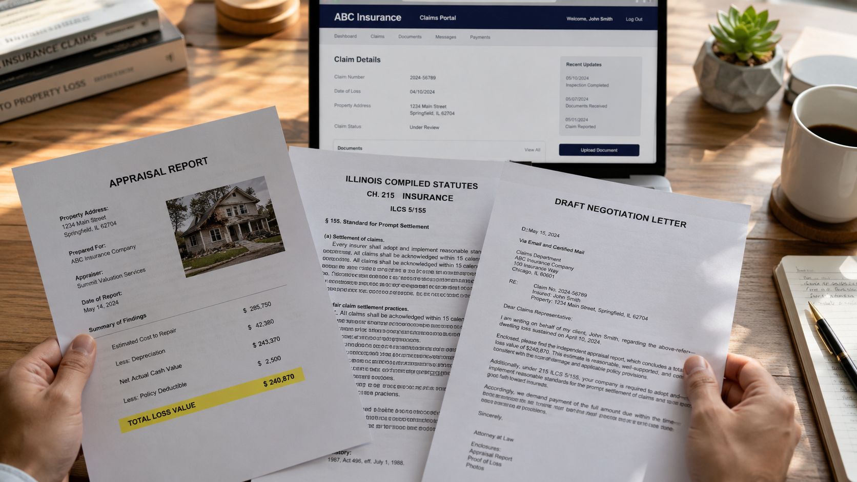 A person reviews an insurance appraisal report and a draft negotiation letter regarding a property loss claim.