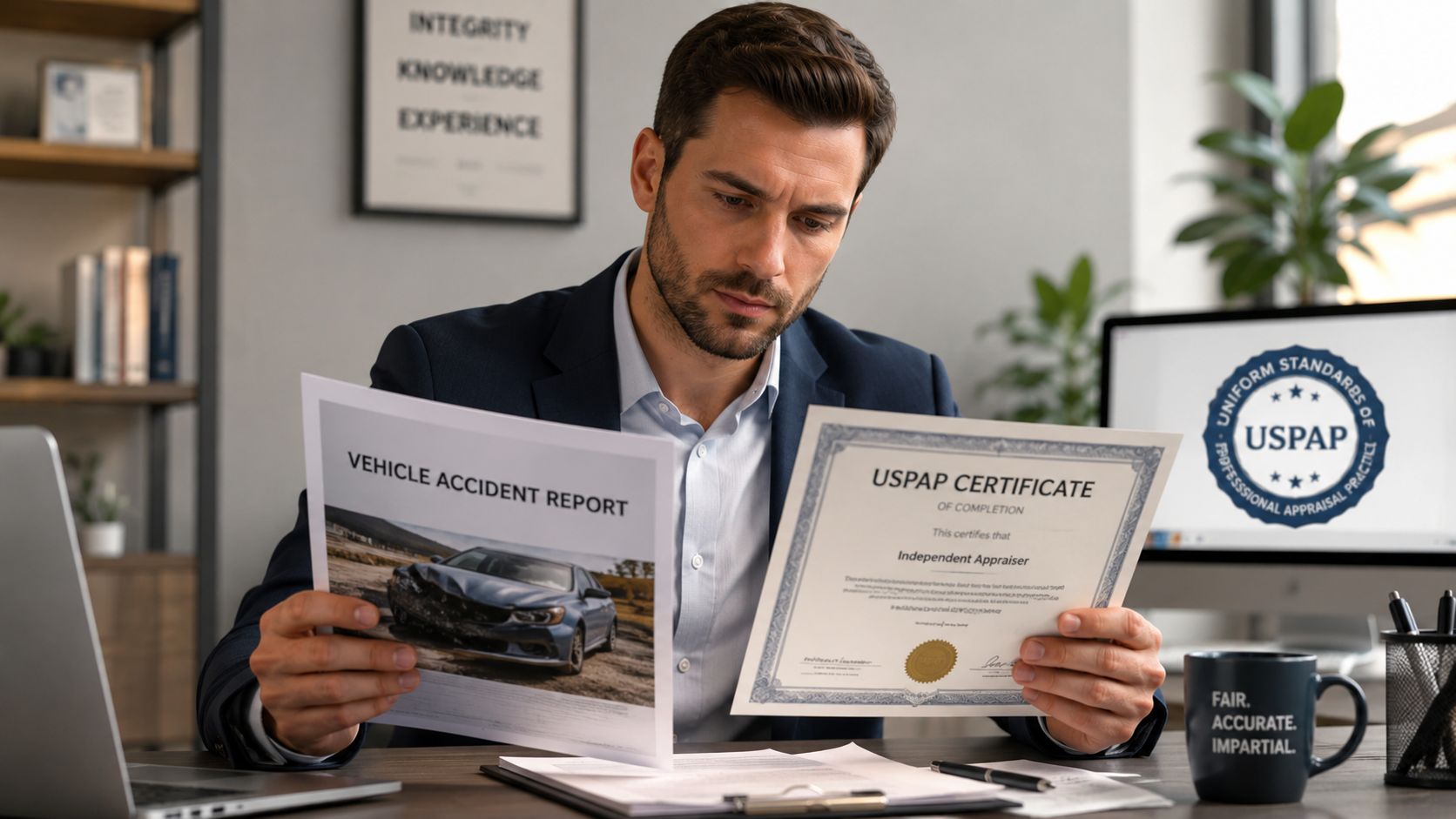 A professional appraiser reviewing a vehicle accident report alongside a USPAP certificate in his office.