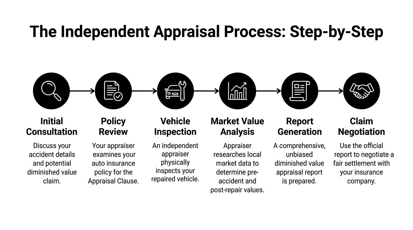 A six-step flow chart illustrating the independent diminished value auto appraisal process from consultation to claim negotiation.