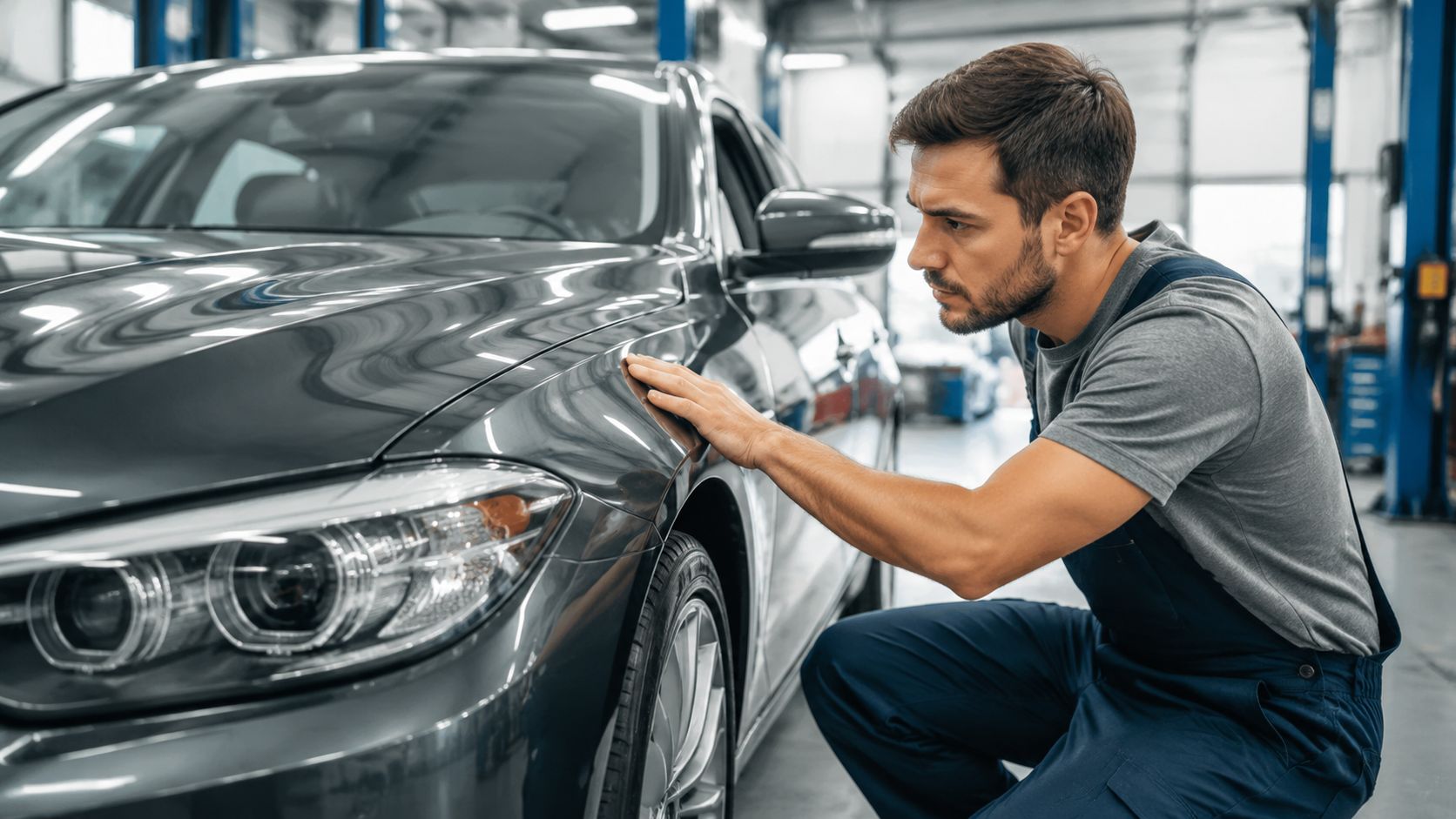 A professional mechanic carefully inspects the body of a dark grey car at an auto repair shop.