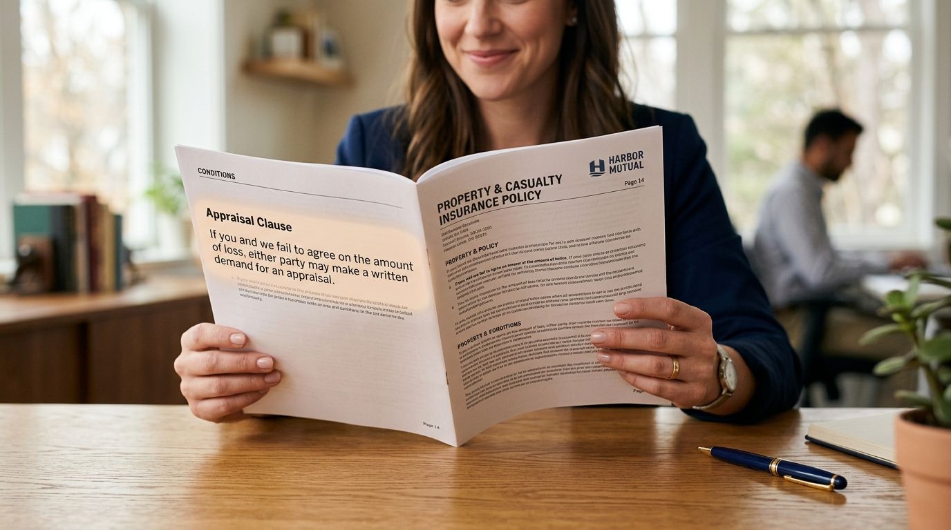 A woman holding an open property and casualty insurance policy document at a wooden office desk.