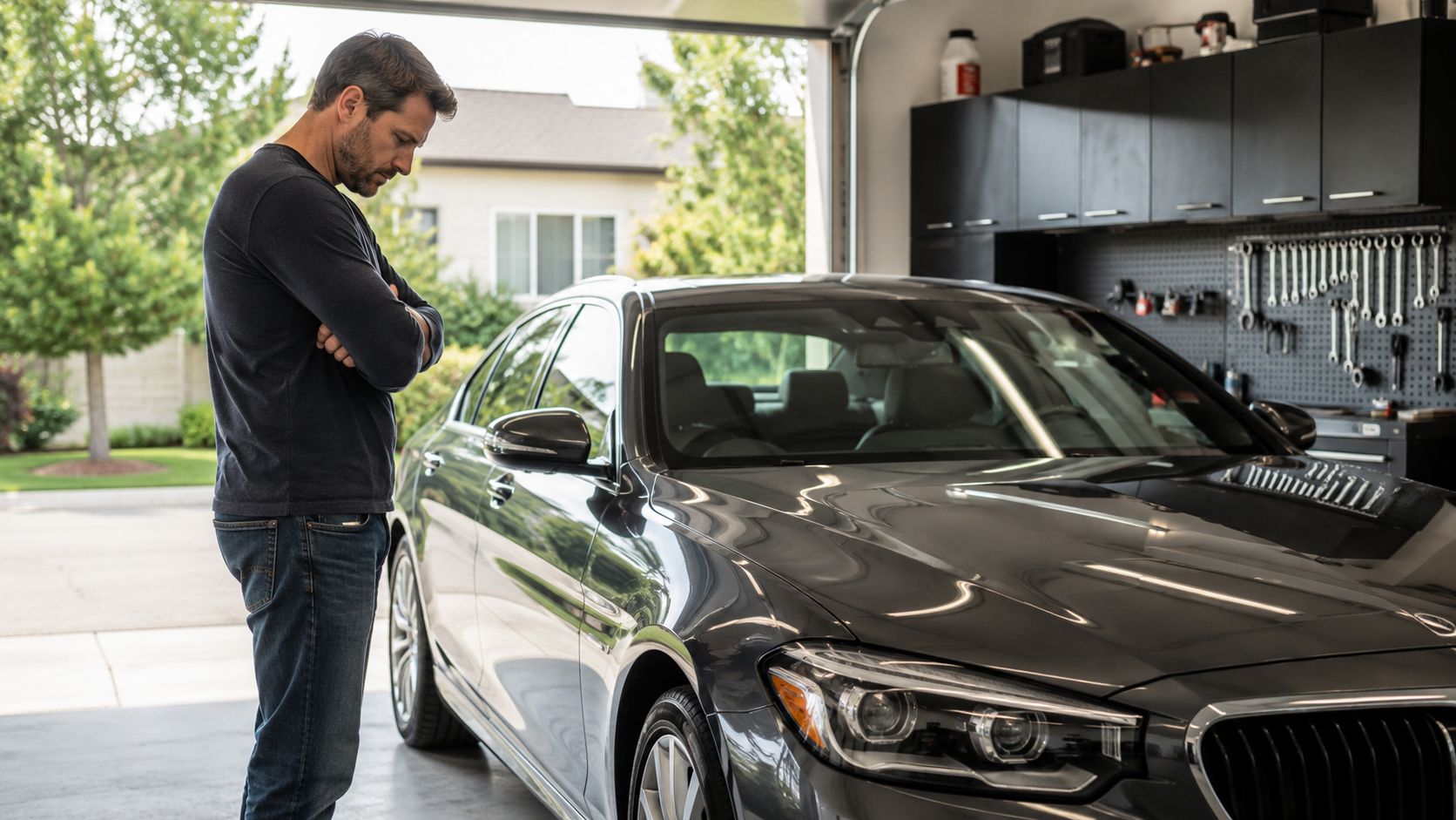 A concerned man stands in a garage, inspecting his modern dark luxury sedan for potential damage.