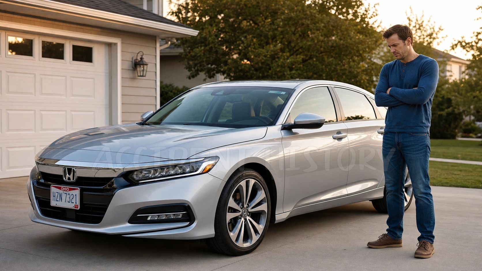 A concerned man stands in a driveway next to his silver Honda sedan contemplating a diminished value claim.