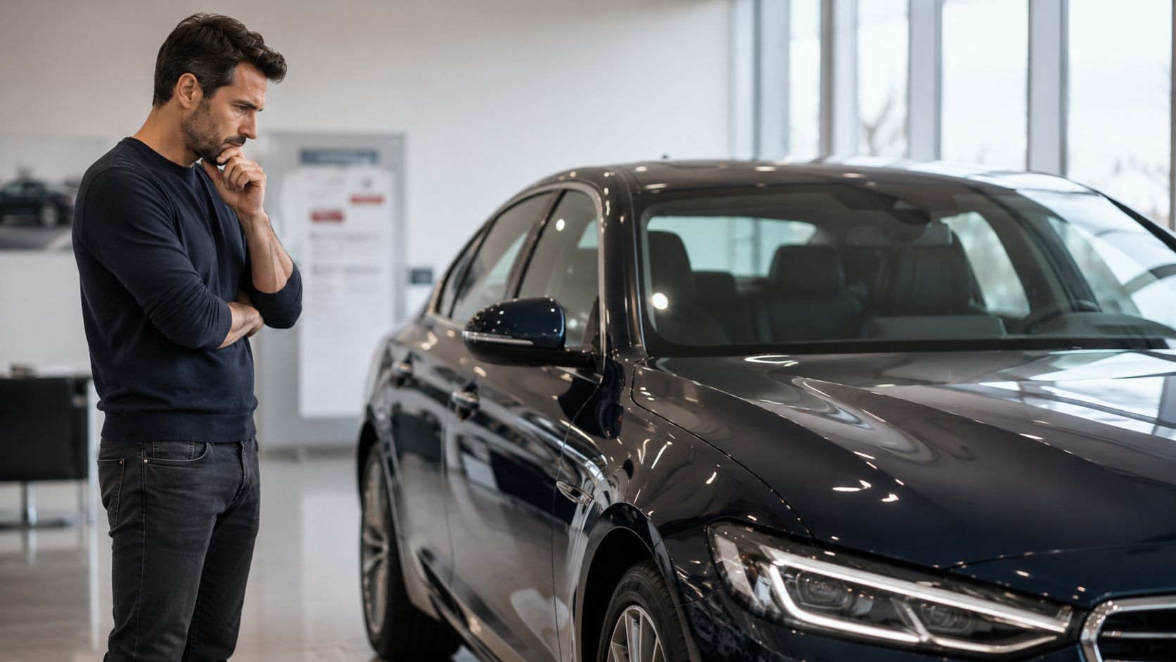 A thoughtful man standing inside a car dealership showroom examining a dark blue sedan.