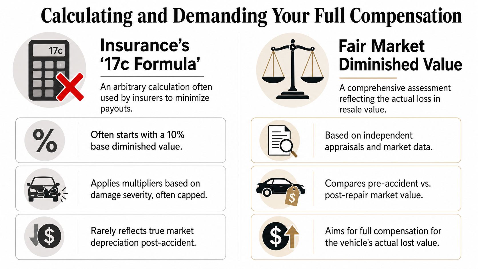 Comparison infographic explaining insurance 17c formula versus fair market diminished value for vehicle accident claims.
