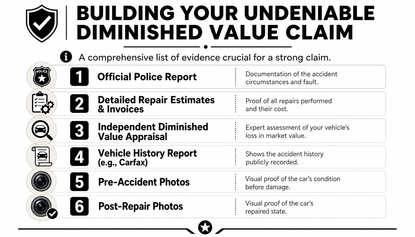 An infographic detailing six essential pieces of evidence needed to build a strong diminished value car claim.