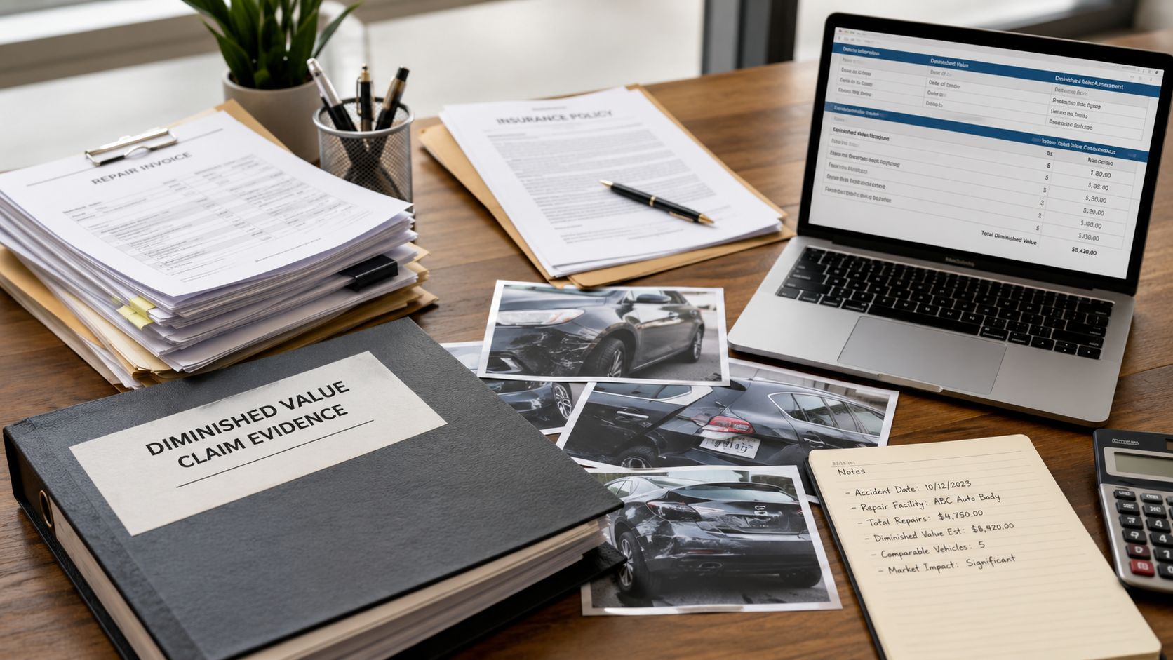 A professional desk setup featuring a diminished value claim binder, repair documents, laptop, and vehicle accident photos.