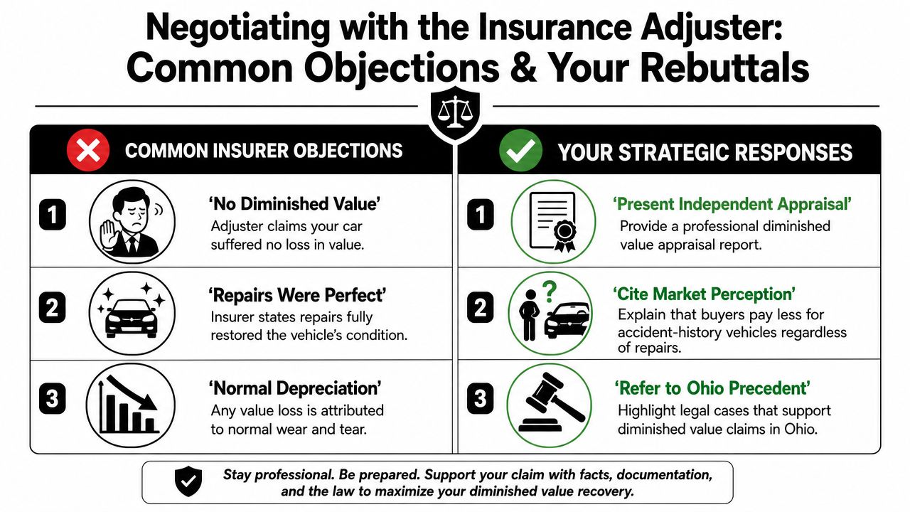 A chart showing common insurance adjuster objections regarding diminished value claims in Ohio alongside effective counter-arguments.