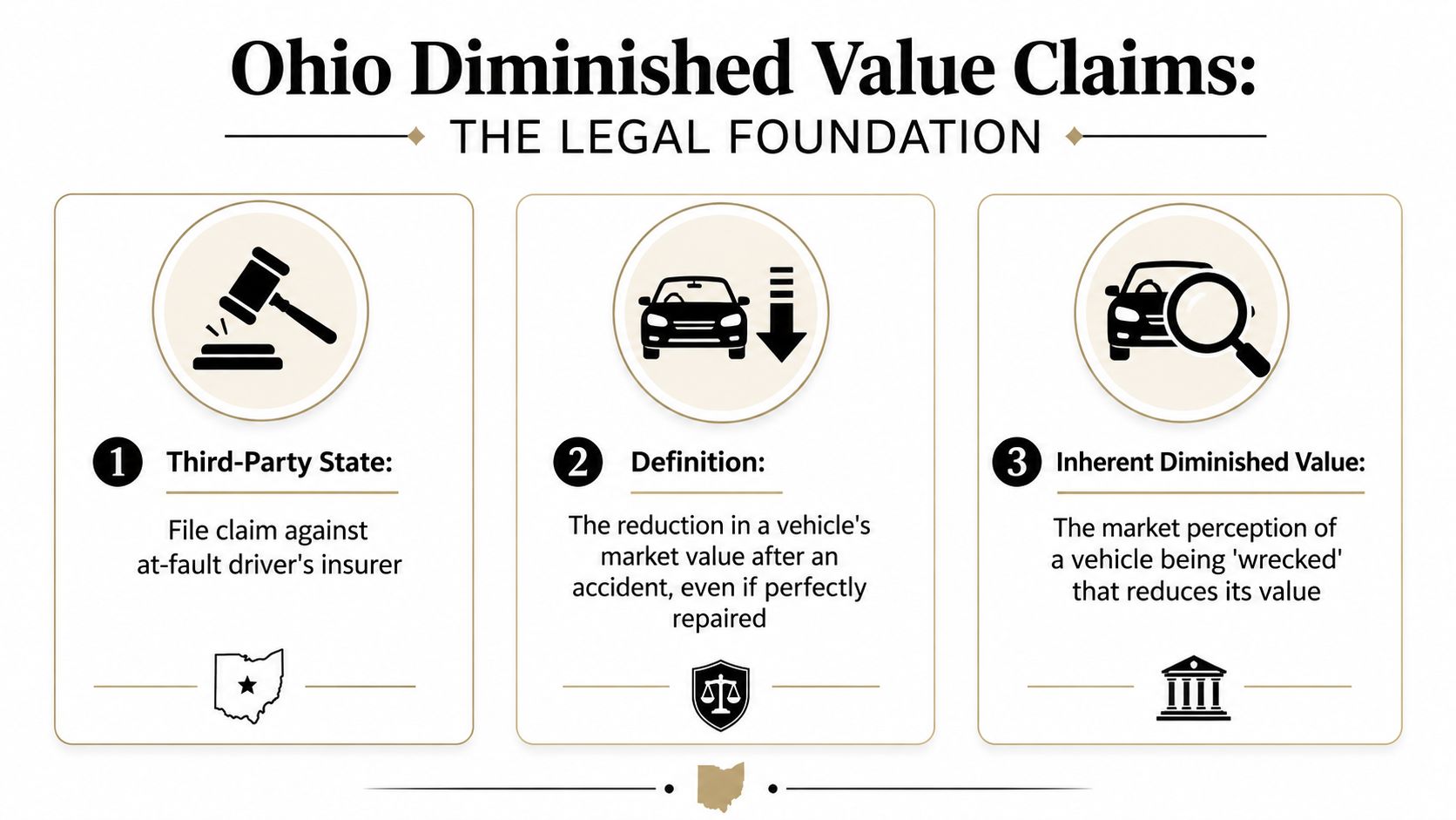An infographic titled Ohio Diminished Value Claims explaining the legal foundation for filing third-party insurance claims.