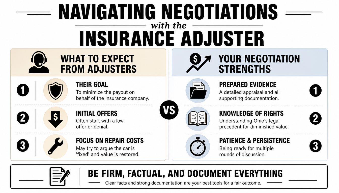 An infographic titled Navigating Negotiations with the Insurance Adjuster, outlining expectations of adjusters versus your negotiation strengths.