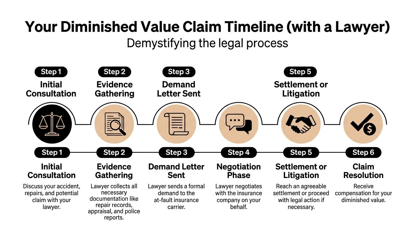 A step-by-step infographic showing the legal timeline for filing a diminished value claim with a lawyer.