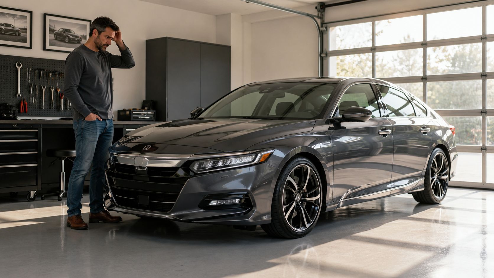 A concerned man stands in his garage looking at his damaged grey sedan vehicle.
