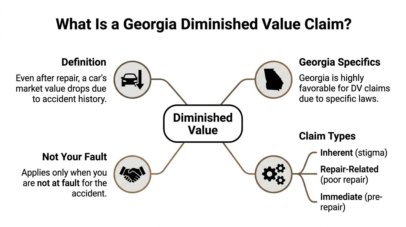 An infographic explaining Georgia diminished value claims, highlighting definitions, legal favorability, fault requirements, and claim types.