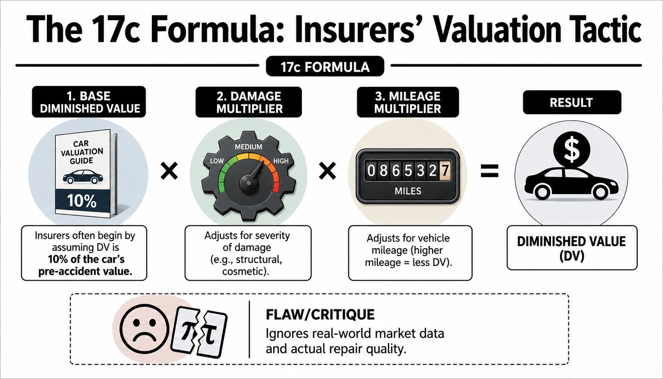 A diagram illustrating the 17c formula used by insurance companies to calculate a car's diminished value.