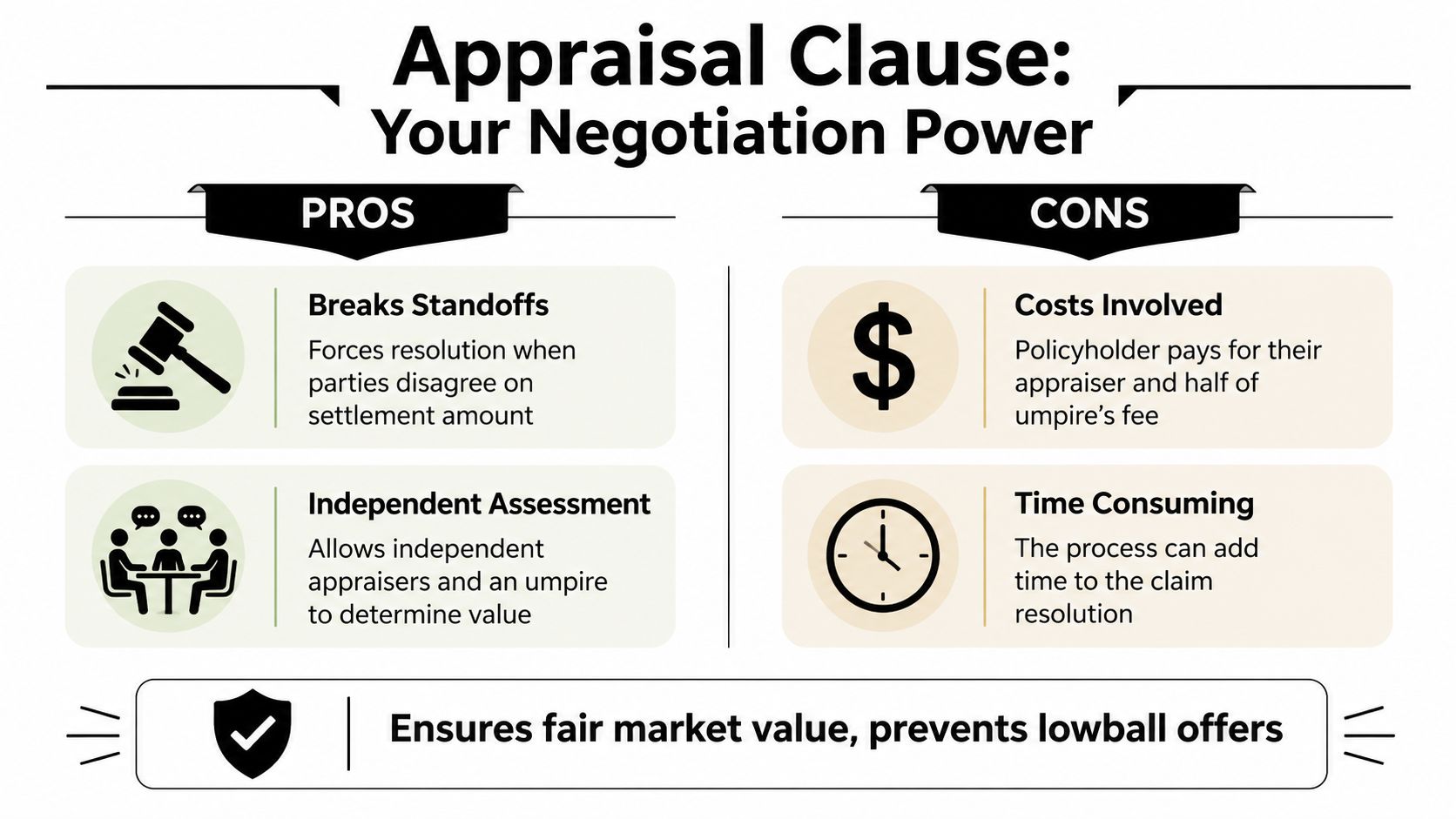 A visual comparison infographic outlining the pros and cons of using an insurance appraisal clause in claims.