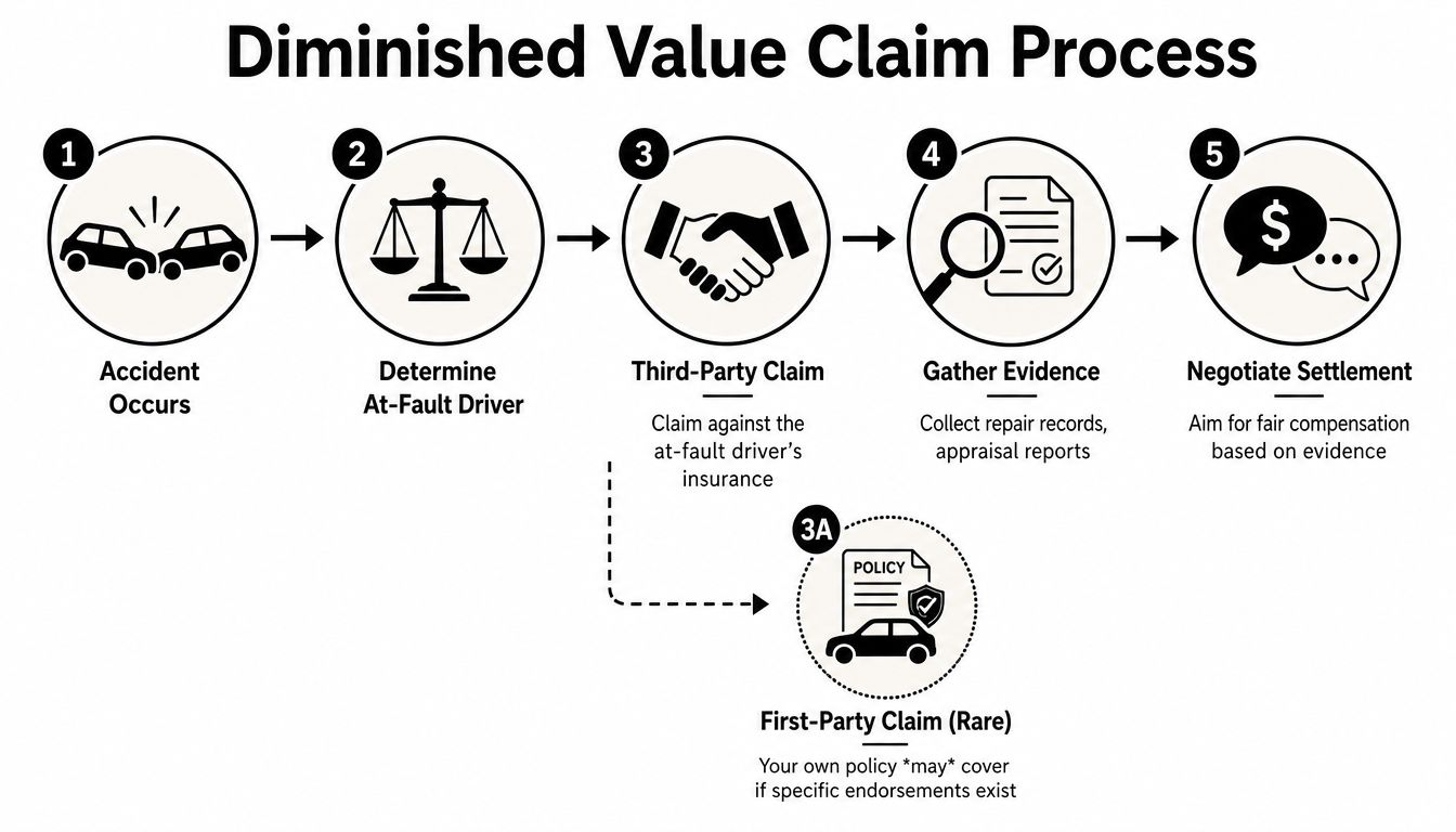 A flowchart showing the five-step process for filing a diminished value claim after a car accident.