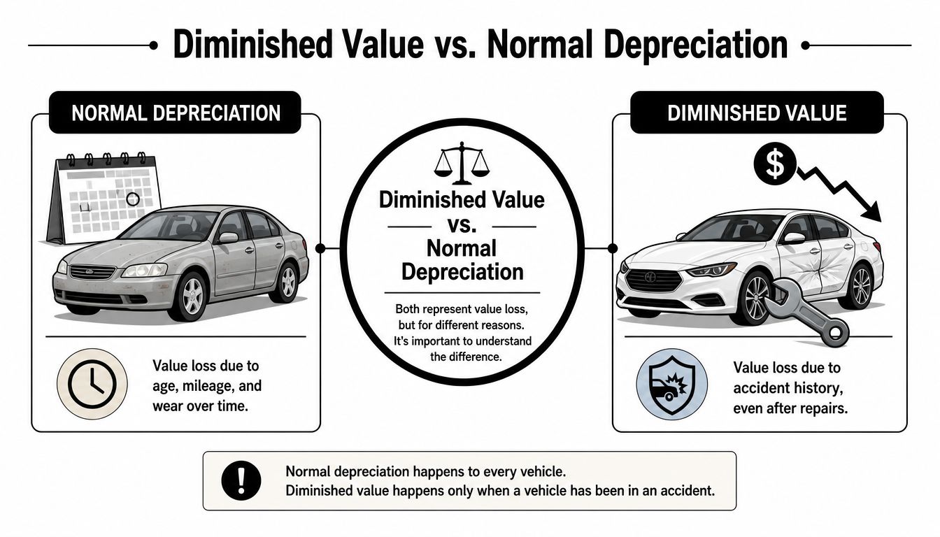An infographic comparing the differences between normal car depreciation and diminished value after an accident.