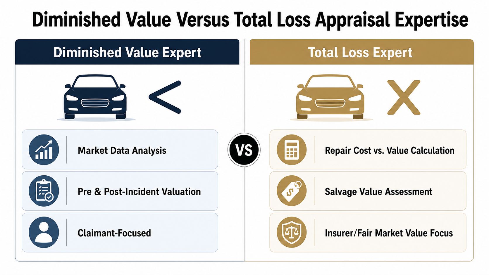 A comparison infographic showing the difference between diminished value experts and total loss appraisal experts in insurance.