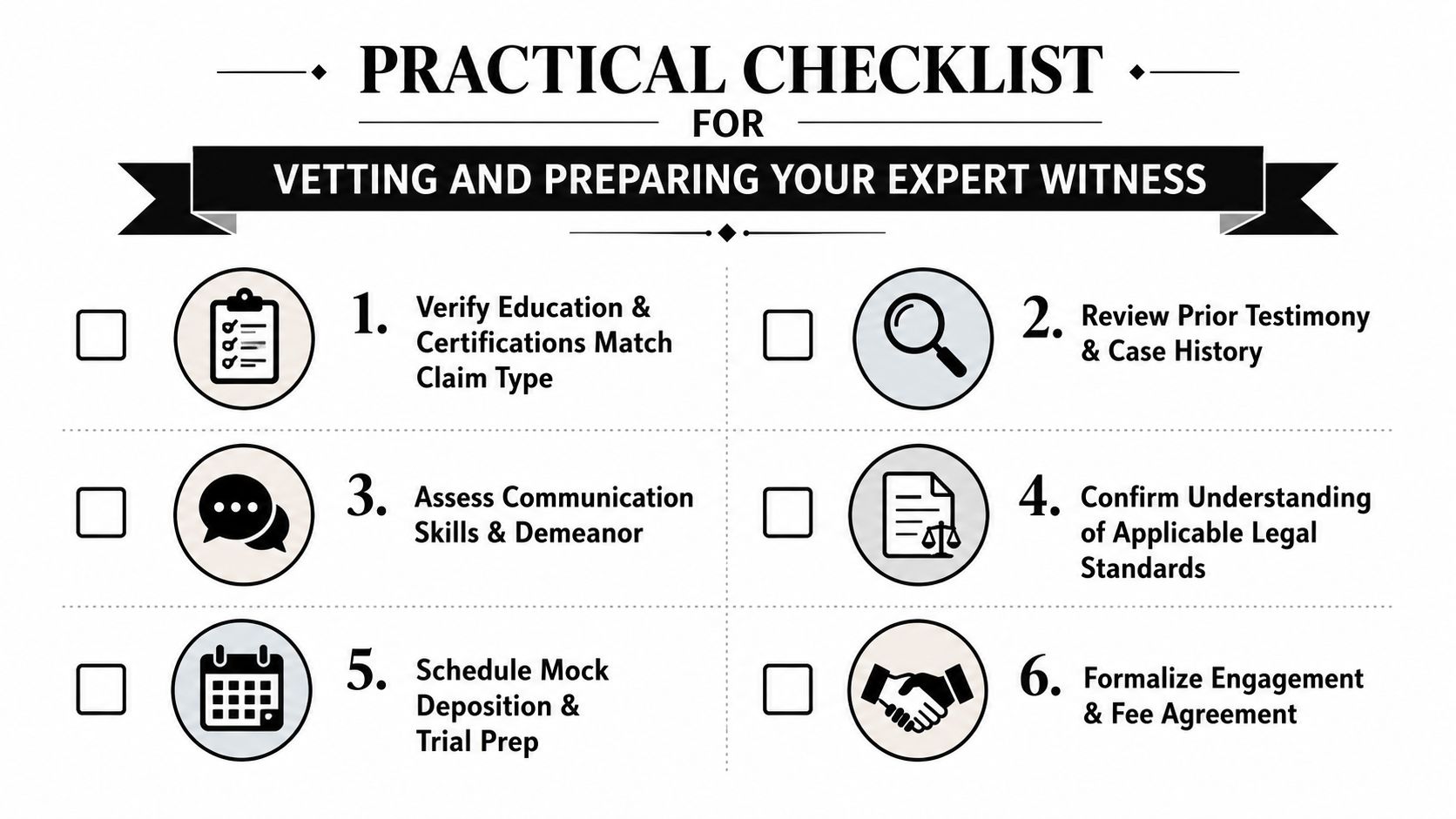 A six-step practical checklist for vetting and preparing an expert witness for legal proceedings.