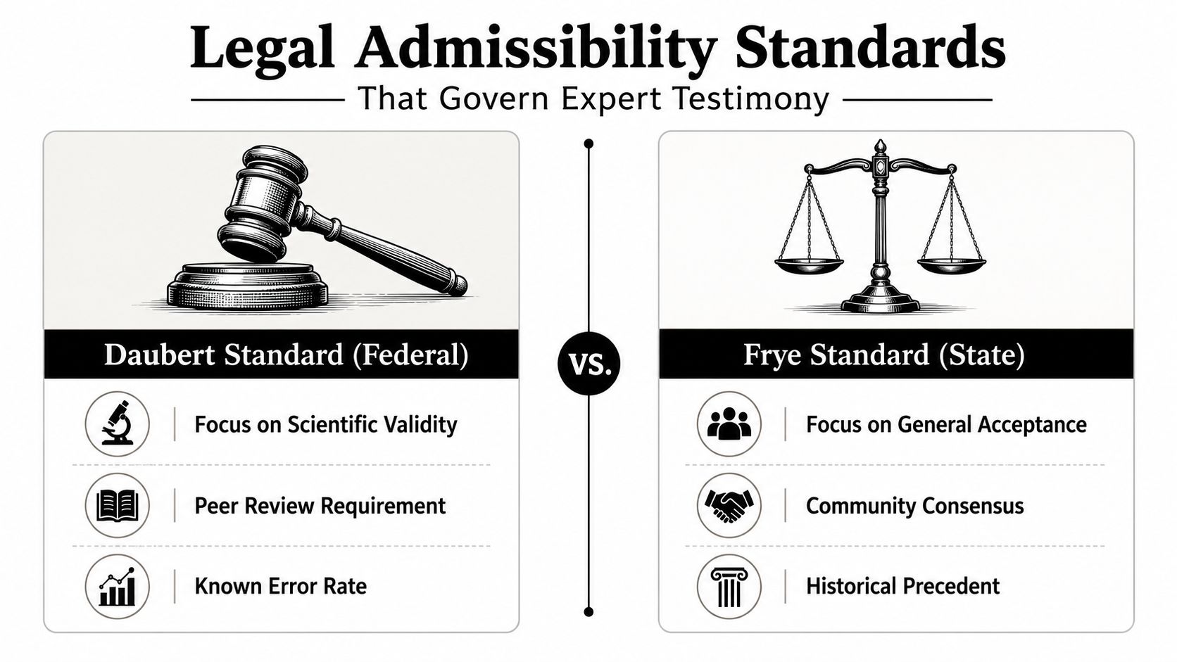 A comparison chart showing the Daubert Standard for federal courts versus the Frye Standard for state courts.