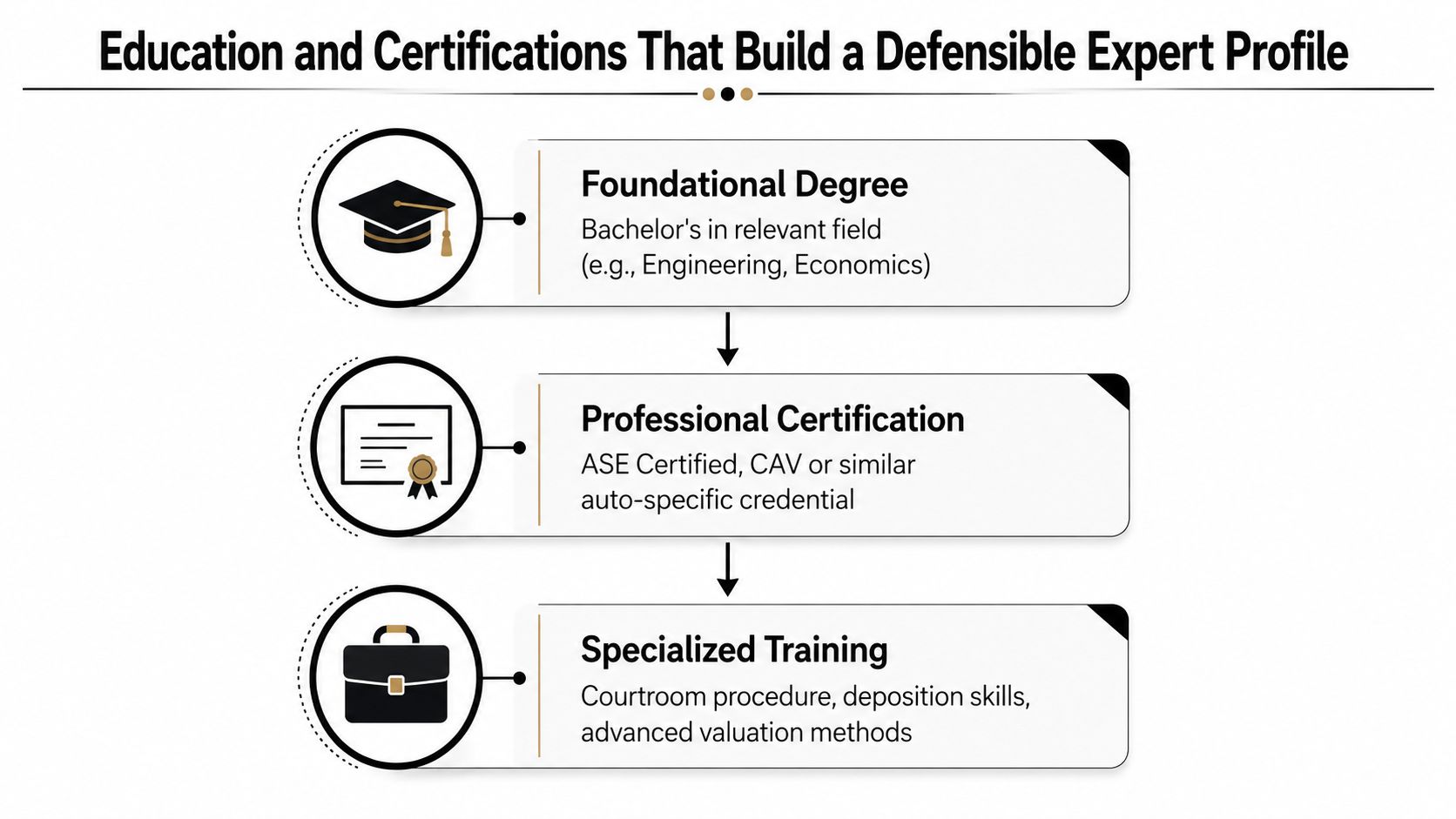 A diagram outlining the education and certification requirements for building a professional expert witness profile.