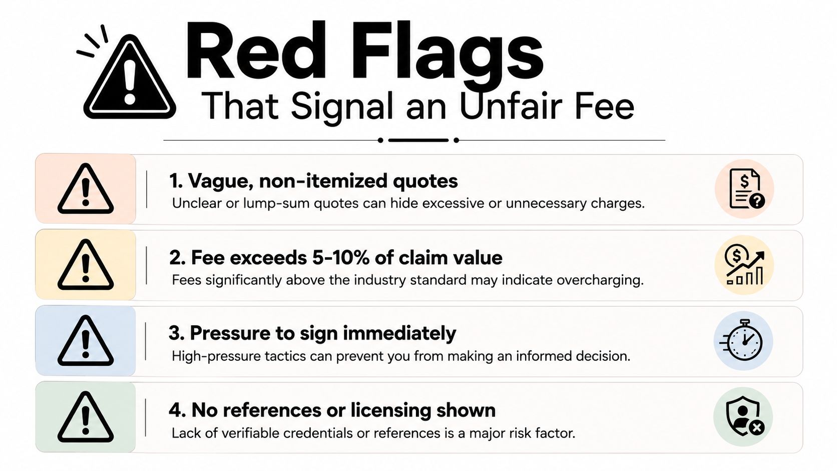 A list of four warning signs illustrating red flags that signal an unfair fee for services.