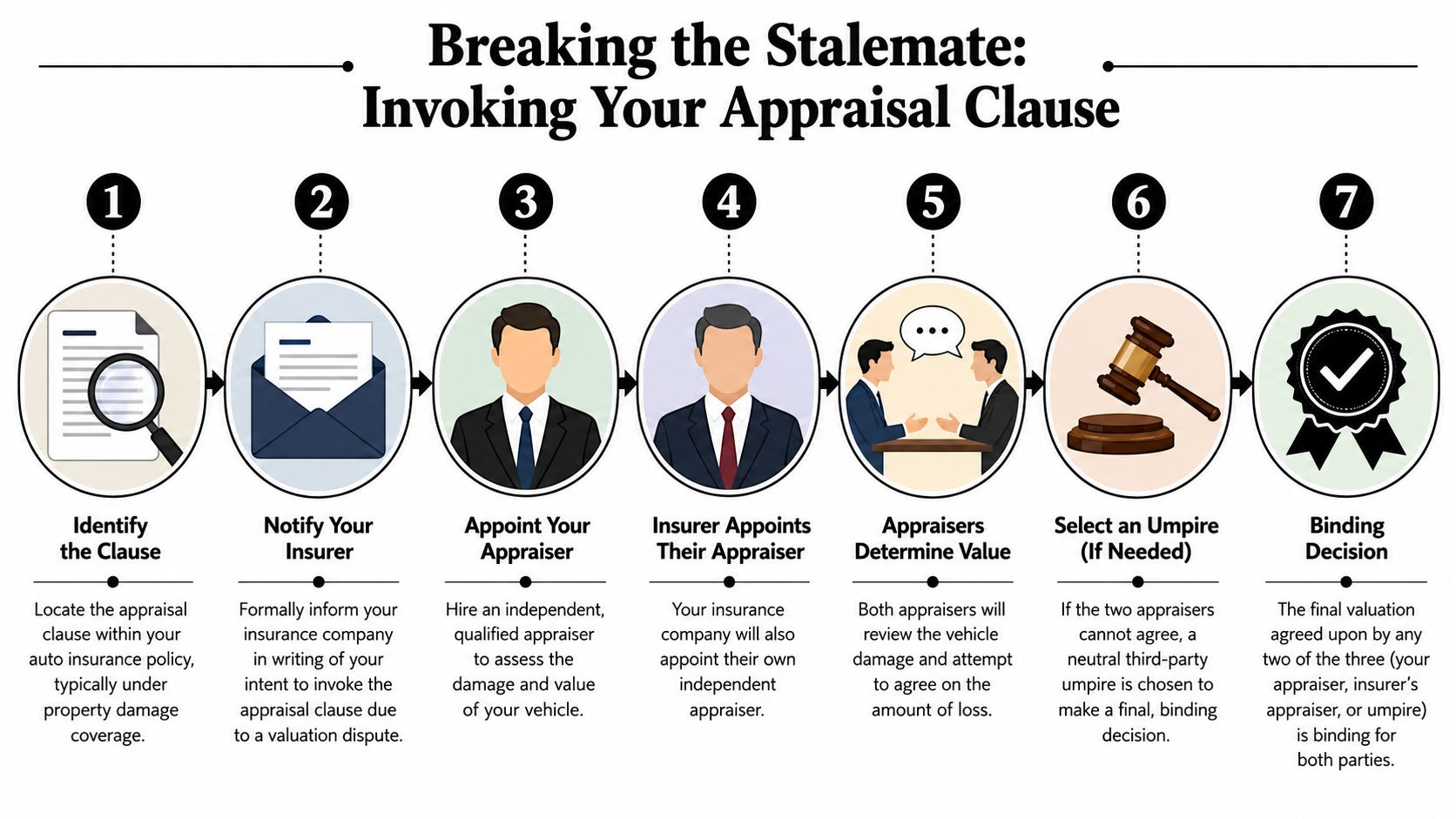 A seven-step flowchart illustration explaining the process of invoking an appraisal clause for insurance disputes.