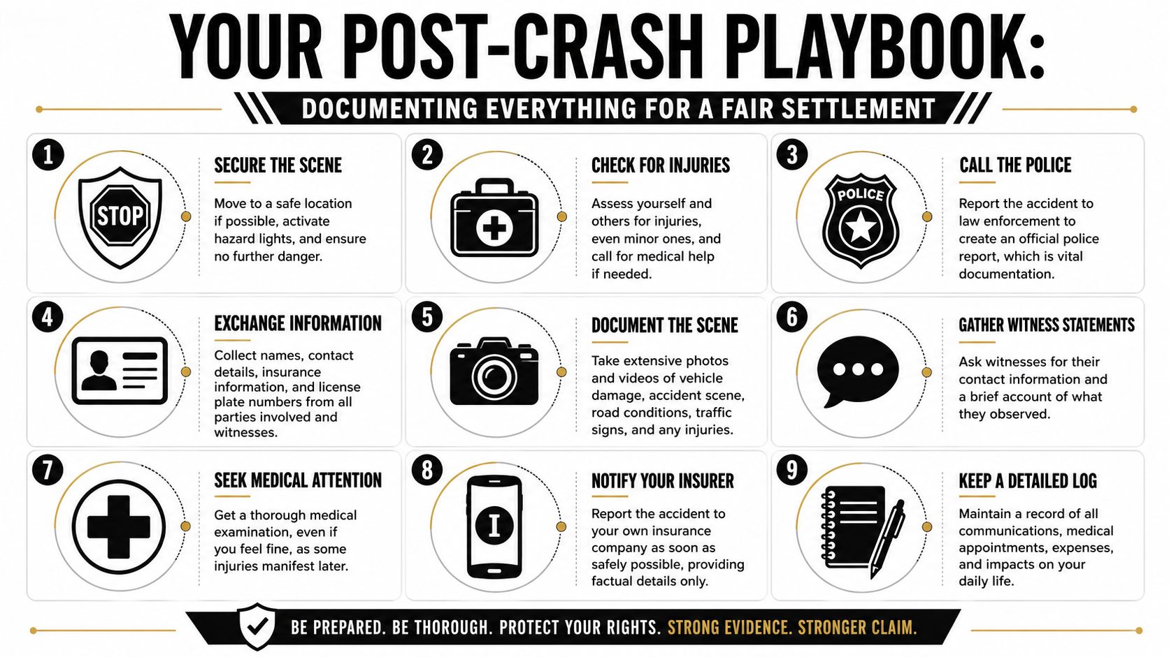 A nine-step infographic titled Your Post-Crash Playbook providing advice on documenting a car accident for fair insurance settlement.