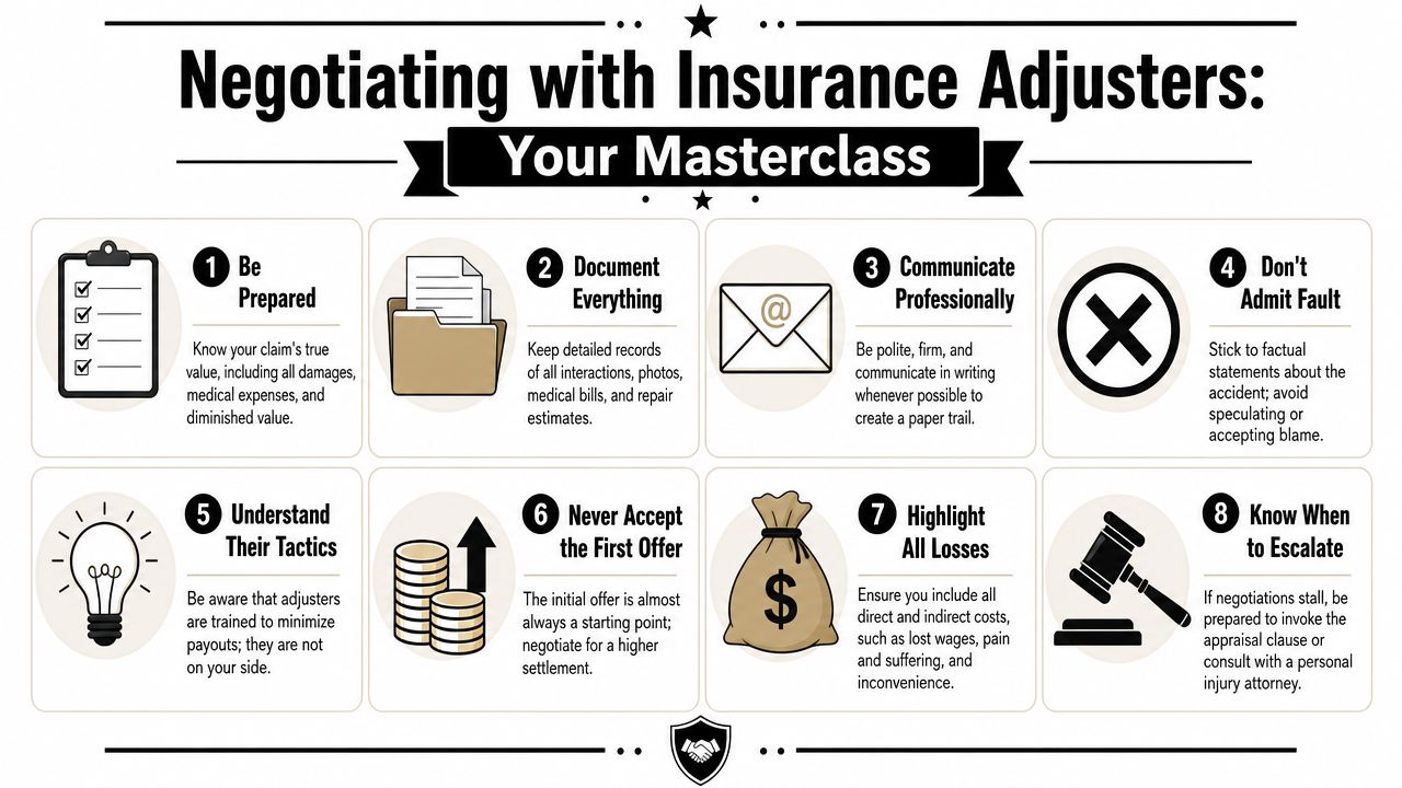 An infographic titled Negotiating with Insurance Adjusters, featuring eight key steps for managing insurance claims effectively.